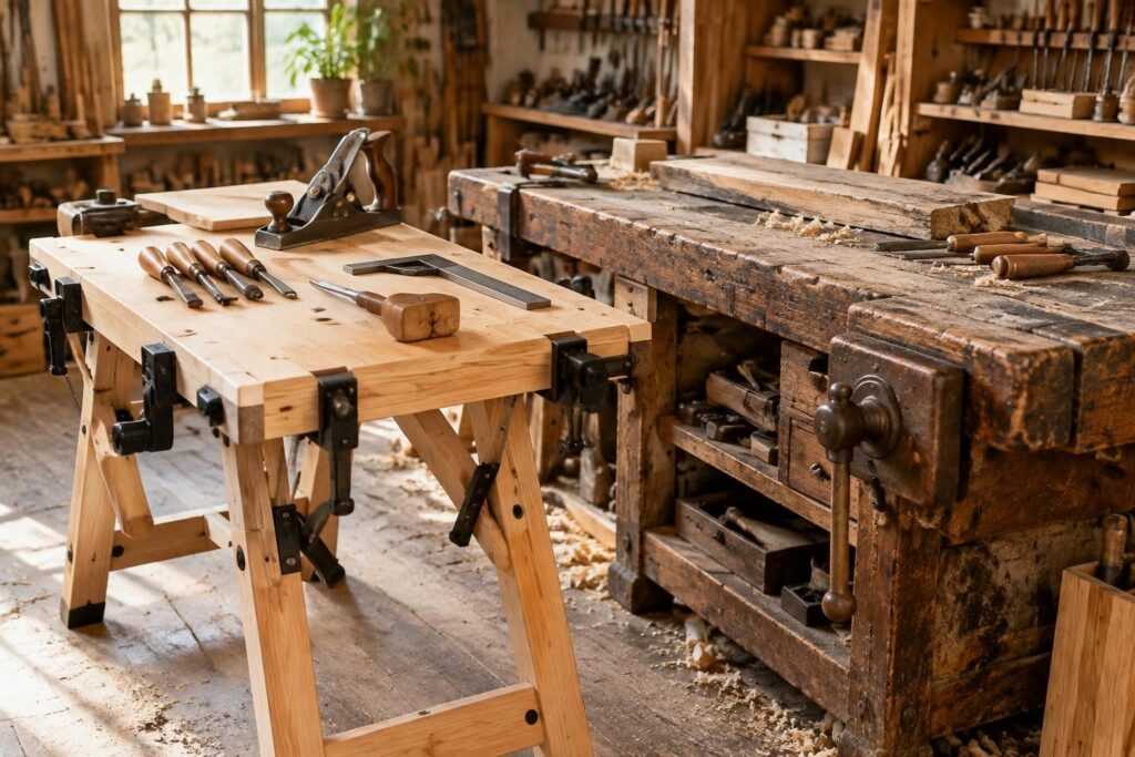 découvrez notre sélection d’établis de menuiserie portables et anciens, avec conseils pour choisir le modèle adapté à vos travaux.